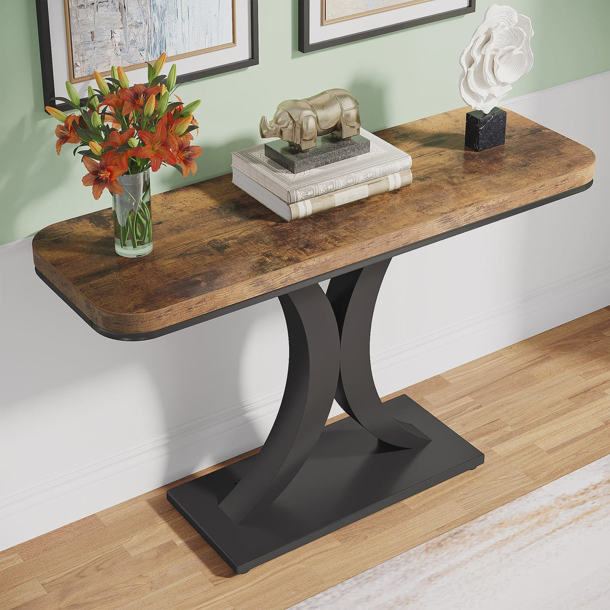 Tribesigns Industriële Console Tafel - 100cm Smalle Entree Tafel met Geometrische Basis en Rustiek Hout Design