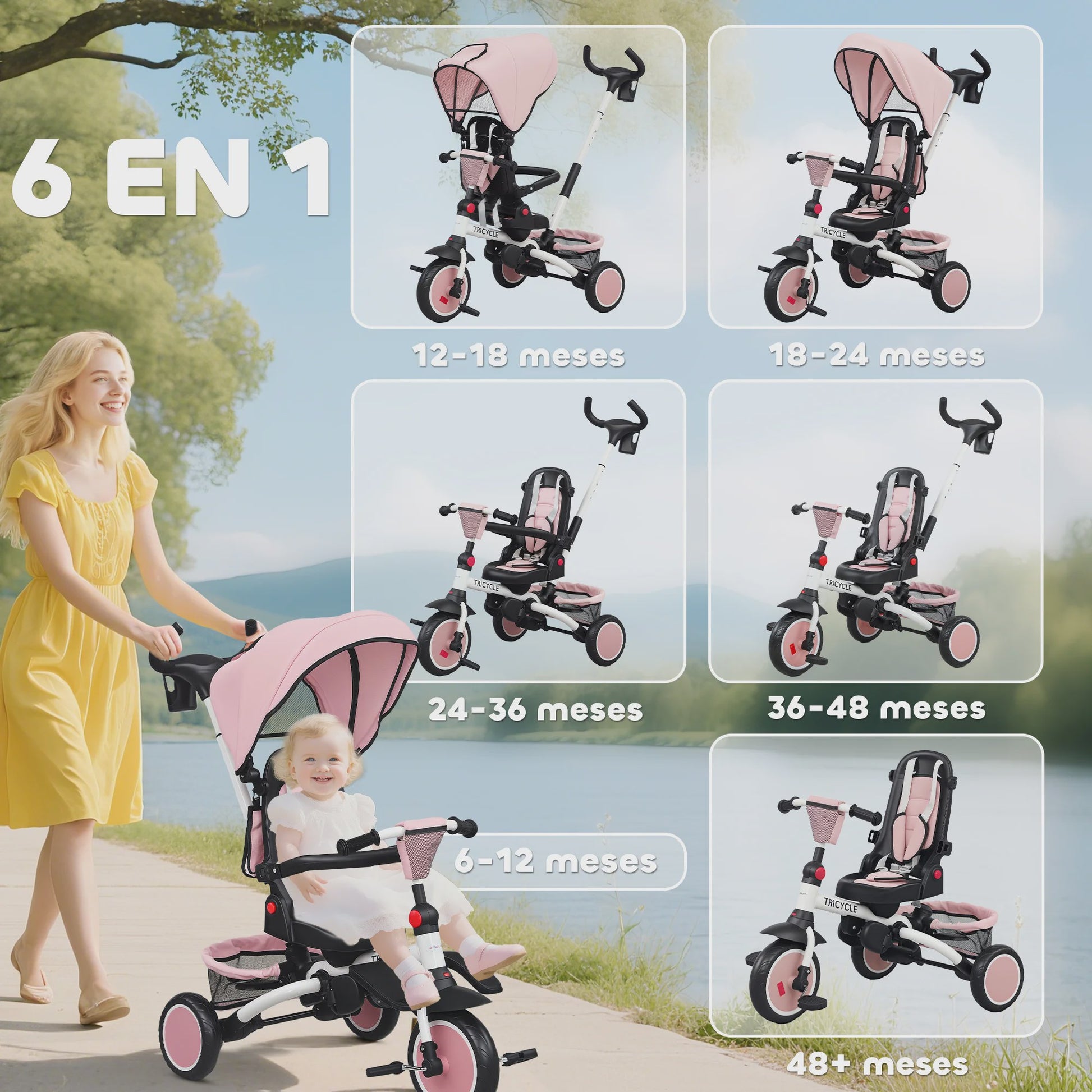 Aiyaplay 6-in-1 Opvouwbare Driewieler met Roterende Stoel voor Kinderen 1-5 Jaar
