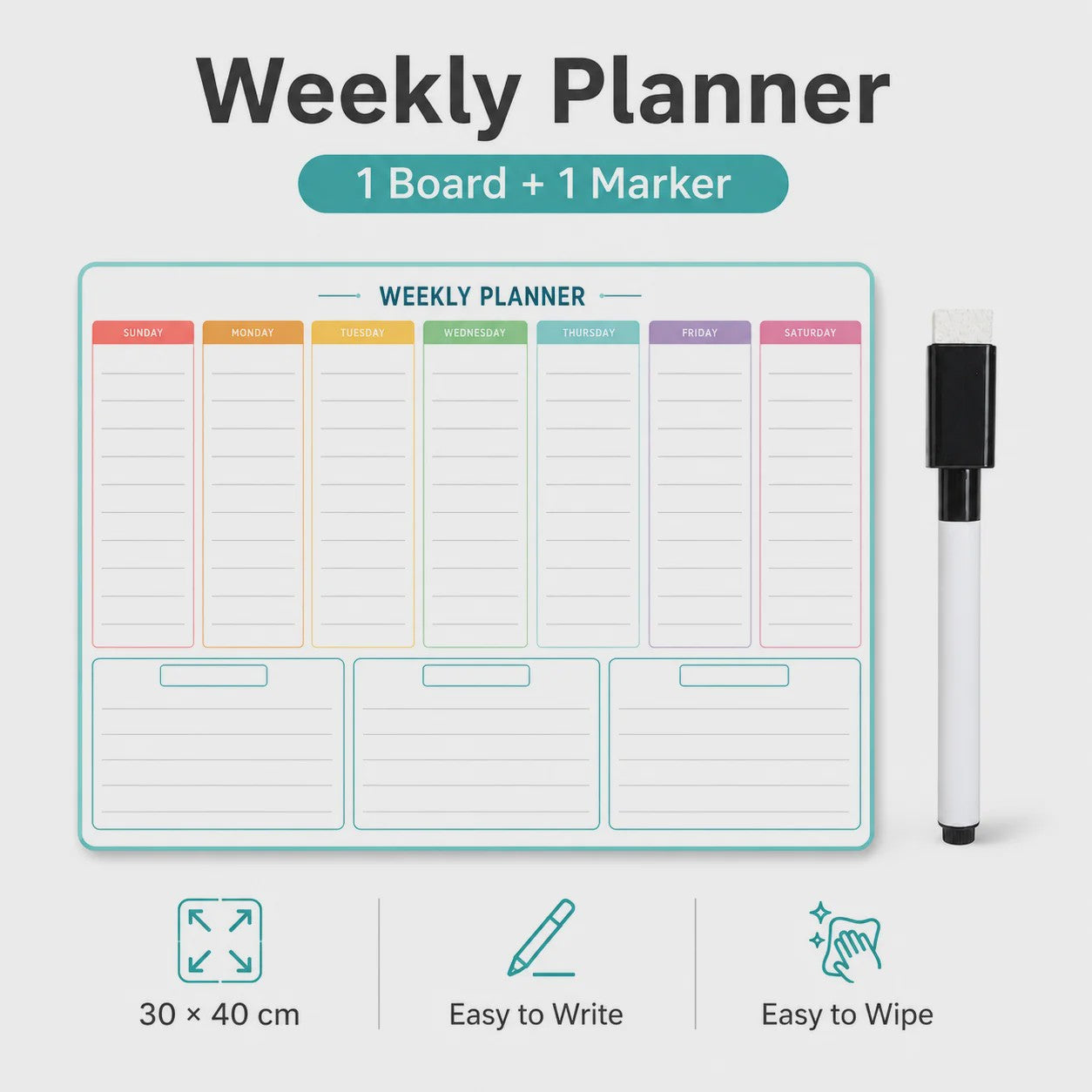 Weekplanner 30x40 cm Kleurgecodeerd met Marker - Ideaal voor Koelkast & Kantoor