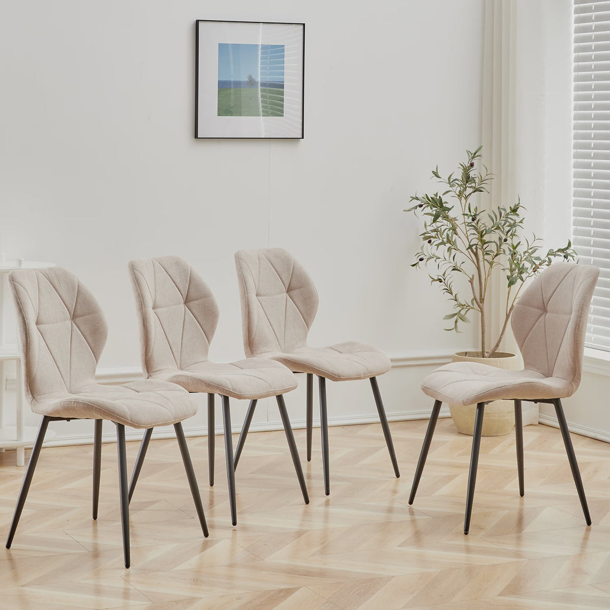 Set van 2, 4 of 6 Eetkamerstoelen - Gestoffeerd, Gewatteerd Linnenlook Stof, Metalen Poten