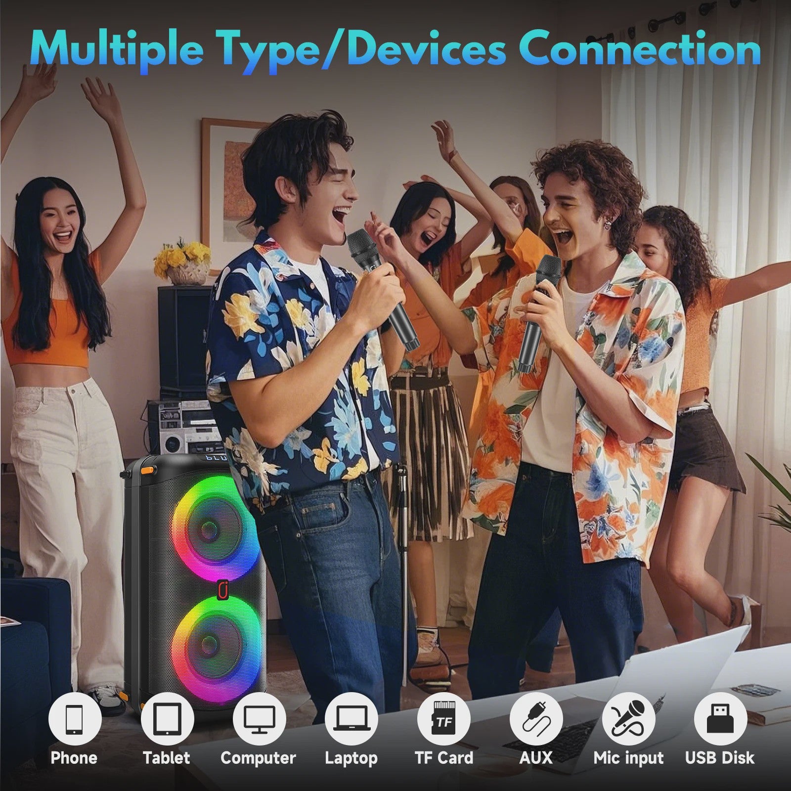 Draagbare Karaoke Machine met Bluetooth 5.3, PA Systeem, LED Verlichting & Echo