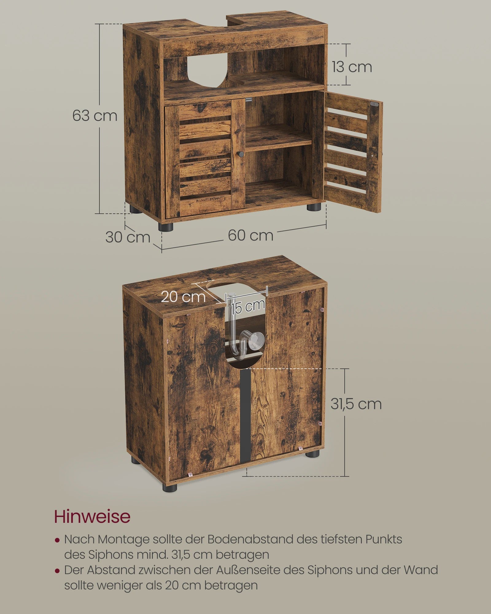 Badkamerkast Onderbouw Wastafel - Rustiek Hout Design met 2 Deuren en Verstelbare Plank