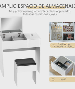 Kaptafel met Spiegel en Kruk - Make-up Tafel met Opbergruimte