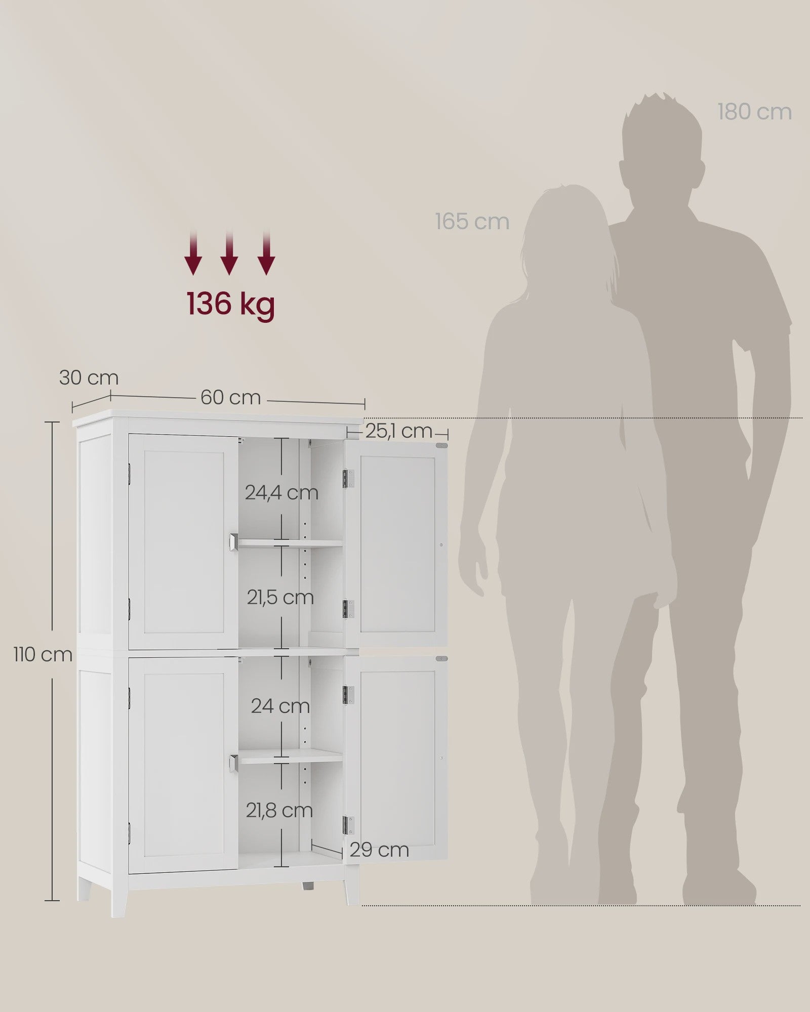 VASAGLE Hoge Kast met 4 Deuren - Stijlvolle Opbergoplossing voor Badkamer of Keuken (30x60x110 cm)