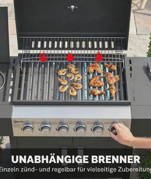 RVS Gas BBQ Grill Cart met 6+1 Branders, Zijbrander, Wielen & Thermometer