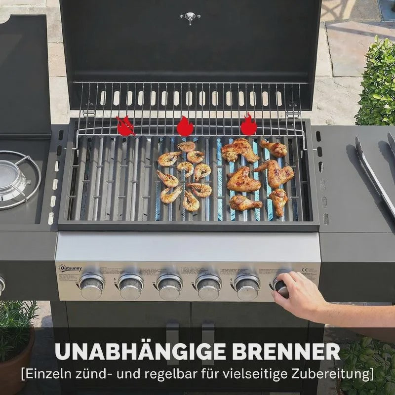 RVS Gas BBQ Grill Cart met 6+1 Branders, Zijbrander, Wielen & Thermometer