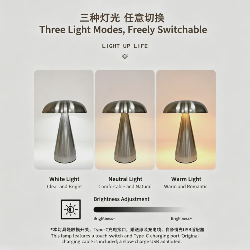 Retro Mushroom Tafellamp - LED, Touch Control, 3 Kleuren, Oplaadbaar