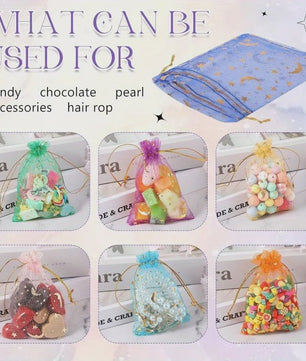 50 Stuks Organza Zakjes met Maan & Sterren - Goudkleurig - Ideaal voor Cadeaus en Sieraden