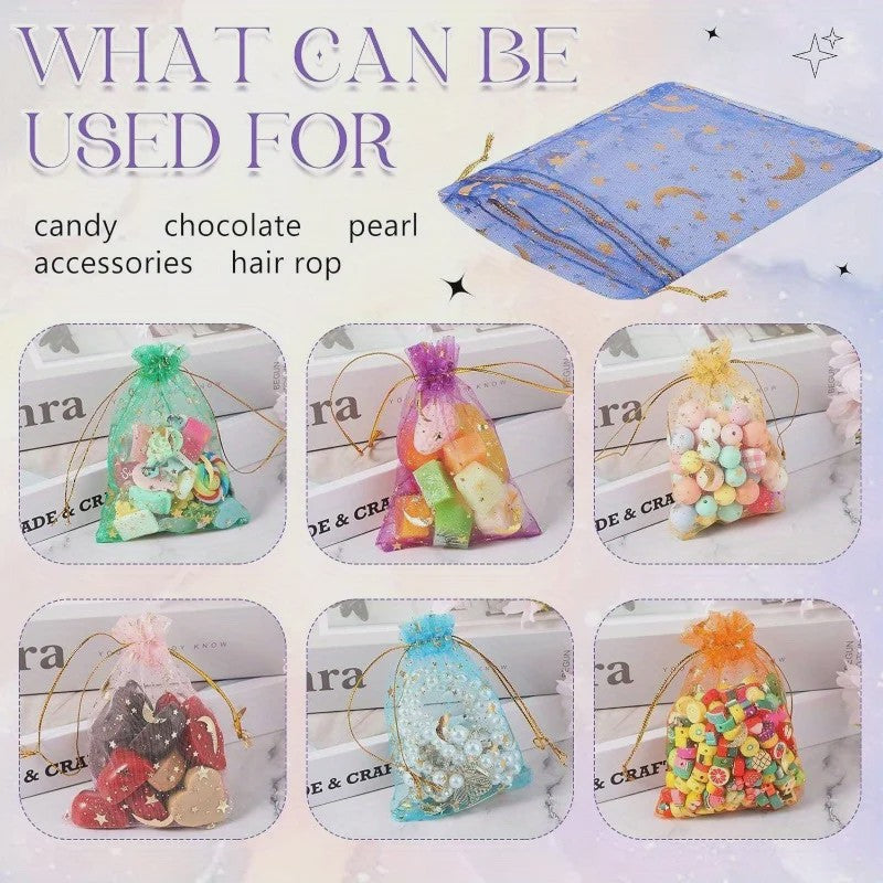 50 Stuks Organza Zakjes met Maan & Sterren - Goudkleurig - Ideaal voor Cadeaus en Sieraden