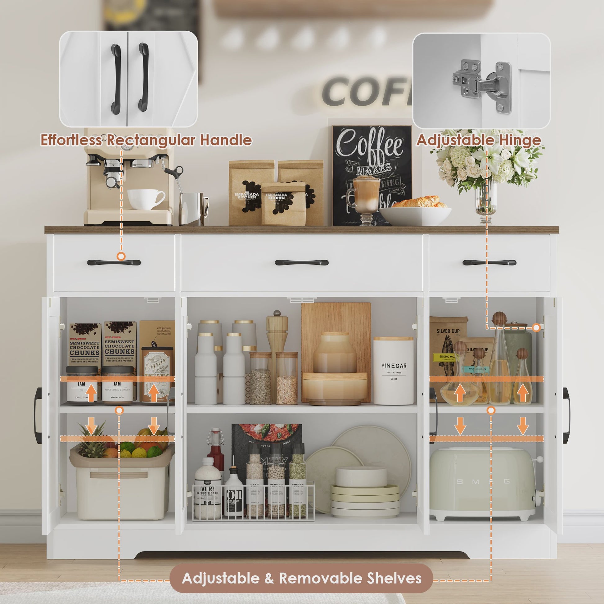 Stijlvol Dressoir 140cm met 4 Barn Doors en 3 Lades - Opbergkast voor Woonkamer of Keuken