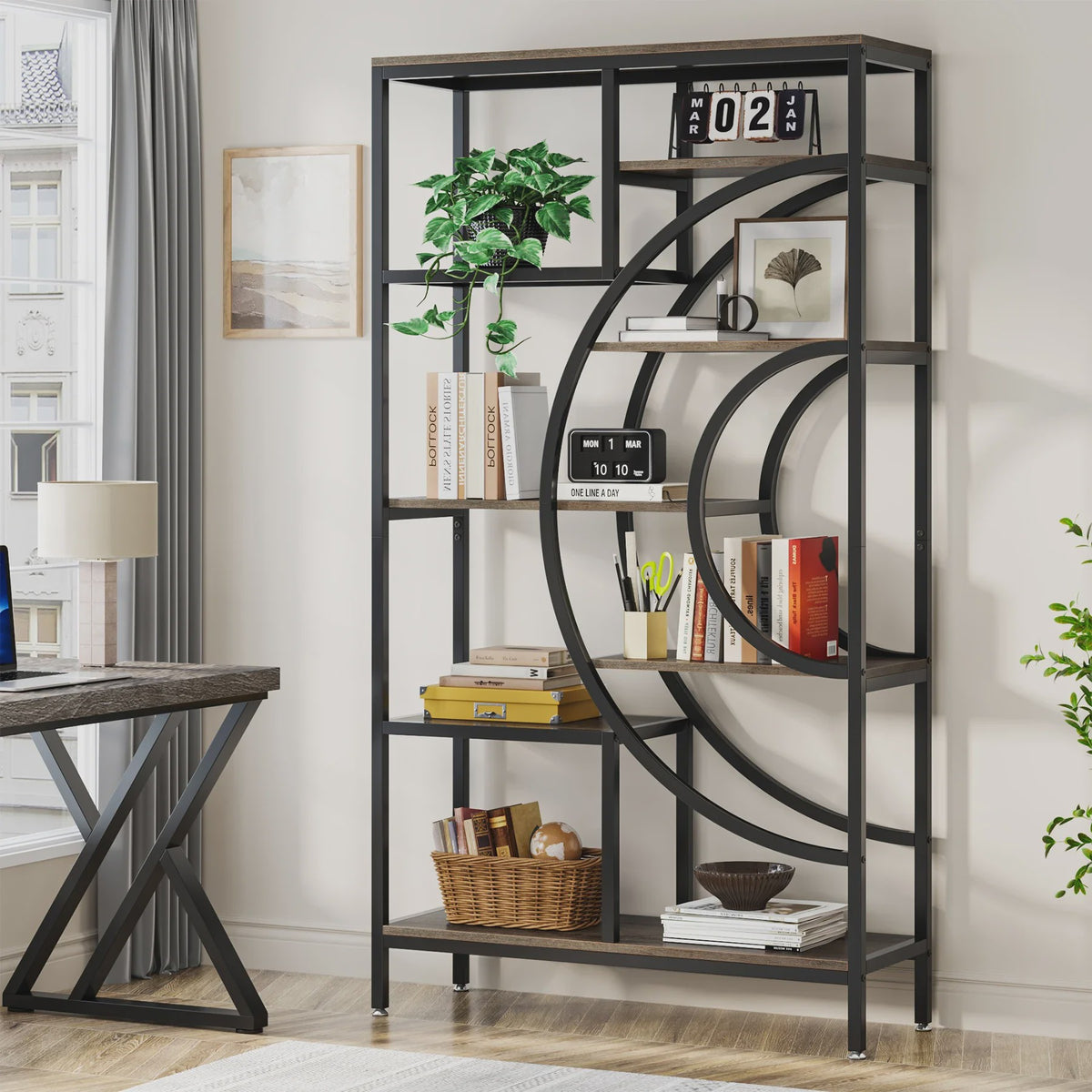 Stijlvolle 8-laags Geometrische Boekenkast met Metaal Frame - Open en Staand Ontwerp (71 inch)