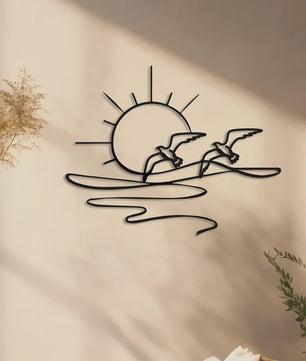 Zonsopgang Meeuwen Wanddecoratie - Metaal Lijnkunst voor Kust & Strandhuis Stijl