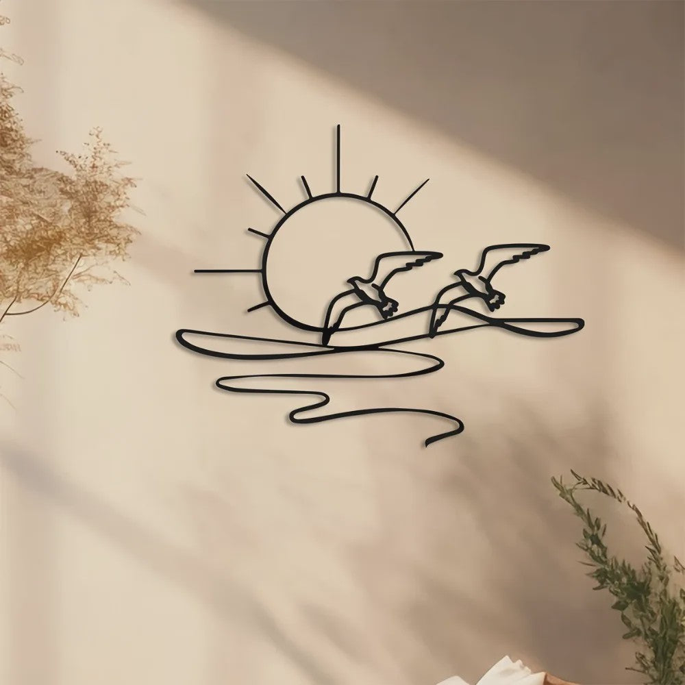 Zonsopgang Meeuwen Wanddecoratie - Metaal Lijnkunst voor Kust & Strandhuis Stijl