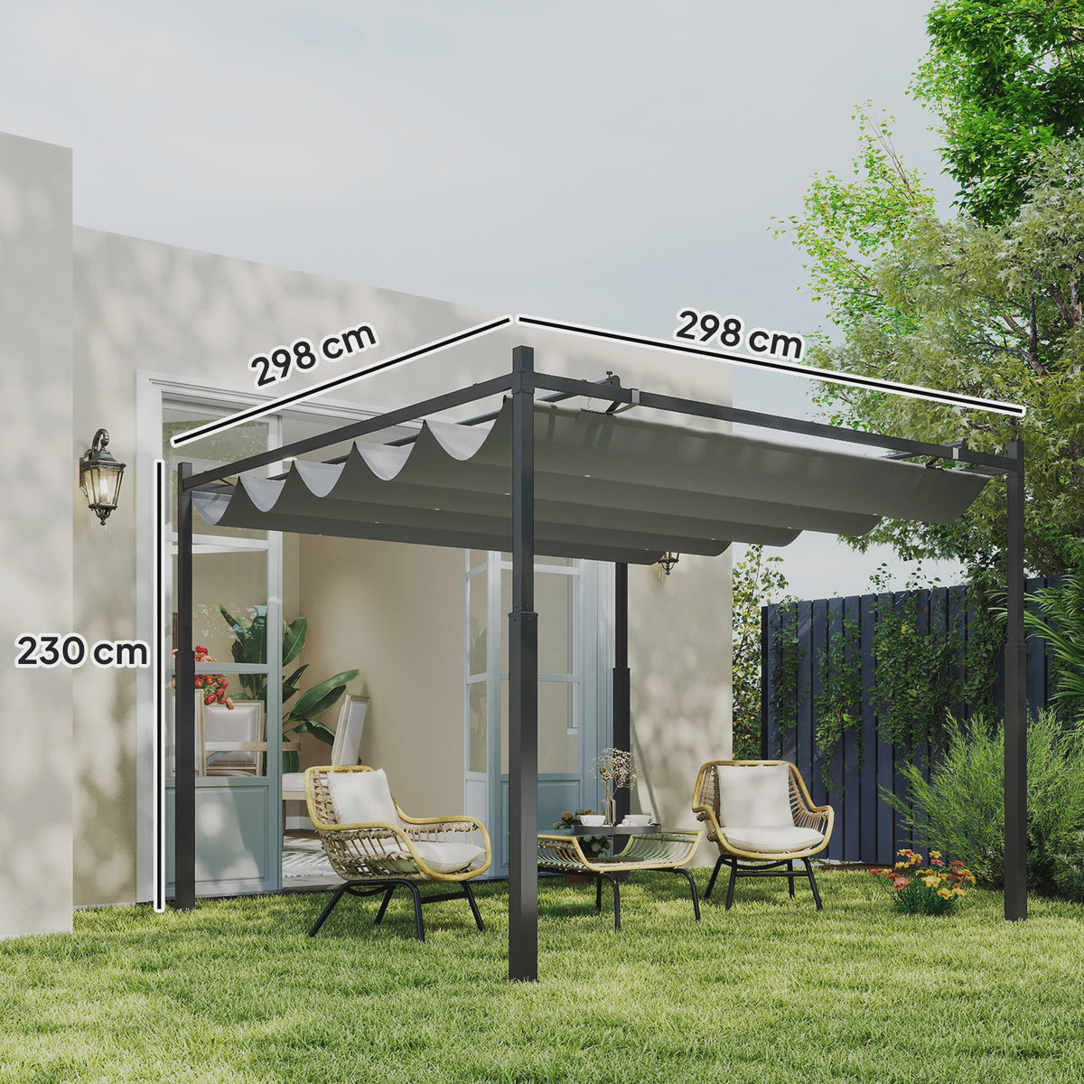 Outsunny Tuinpergola 3x3m met Intrekbaar Dak - Grijze Kleur