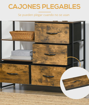Industriële Ladekast met 4 Stoffen Lades en 2 Open Vakken - 84x30x71,5 cm