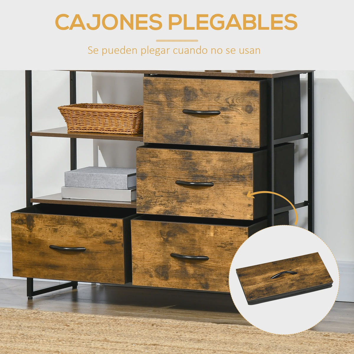 Industriële Ladekast met 4 Stoffen Lades en 2 Open Vakken - 84x30x71,5 cm