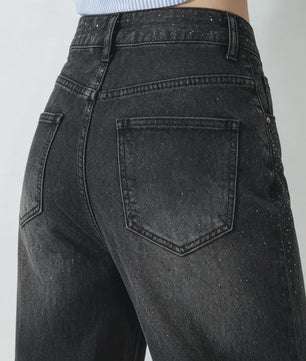 Dames Y2K Jeans met Strass en Wijde Pijpen - Zwart Gewassen Baggy Denim