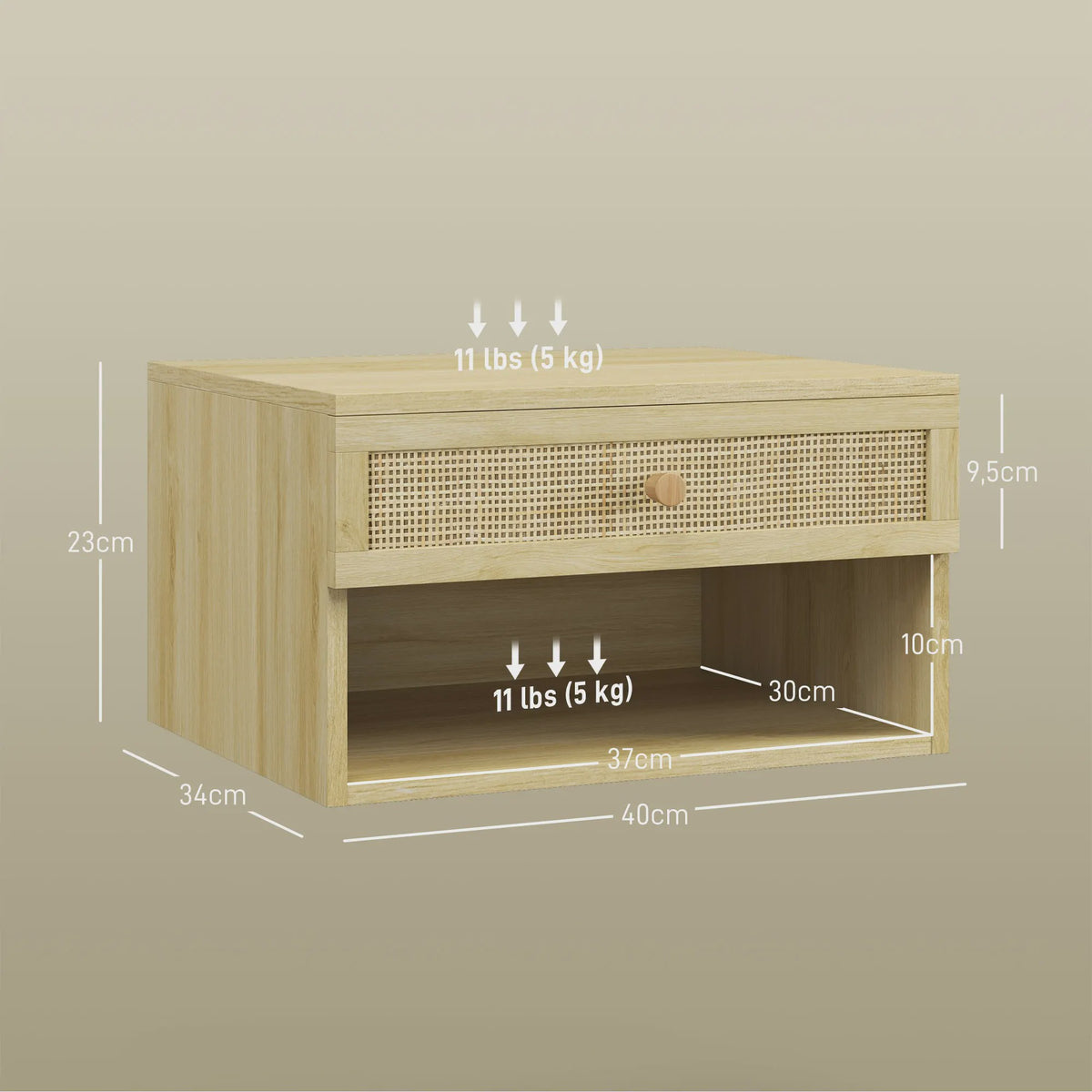 Set van 2 Nachtkastjes Zwevend Hout met Rotan Front en Lade