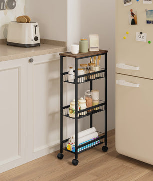 Zwarte Keukentrolley met Werkblad en 3 Manden - 40x87x20cm - Verrijdbaar Opslagrek