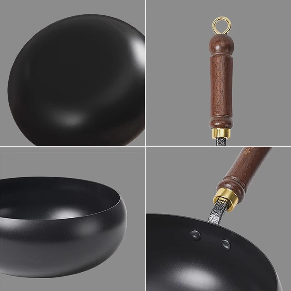 Handgesmeed Gietijzeren Wokpan met Deksel - Non-Stick, Geschikt voor Gas & Inductie
