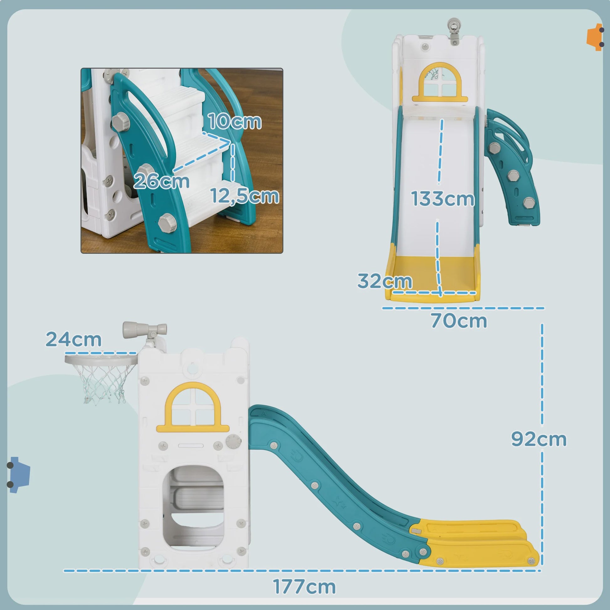 AIYAPLAY Kinder Speeltoestel 5-in-1: Glijbaan, Basketbal, Telescoop & Opbergruimte