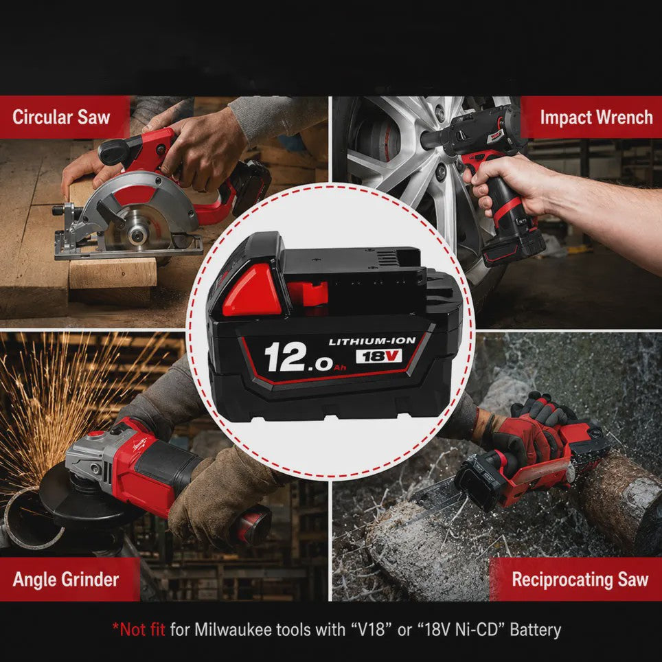 18V Lithium-Ion Accu voor Milwaukee M18 - Hoge Capaciteit 12.0Ah
