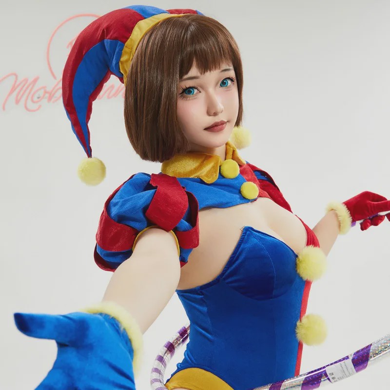 Halloween Clown Dames Kostuum Lingerie Set - Blauw Rood Bodysuit, Rokje, Handschoenen & Hoed
