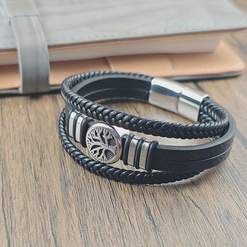 Heren Leren Armband met Levensboom & Roestvrij Staal - Stoer & Stijlvol