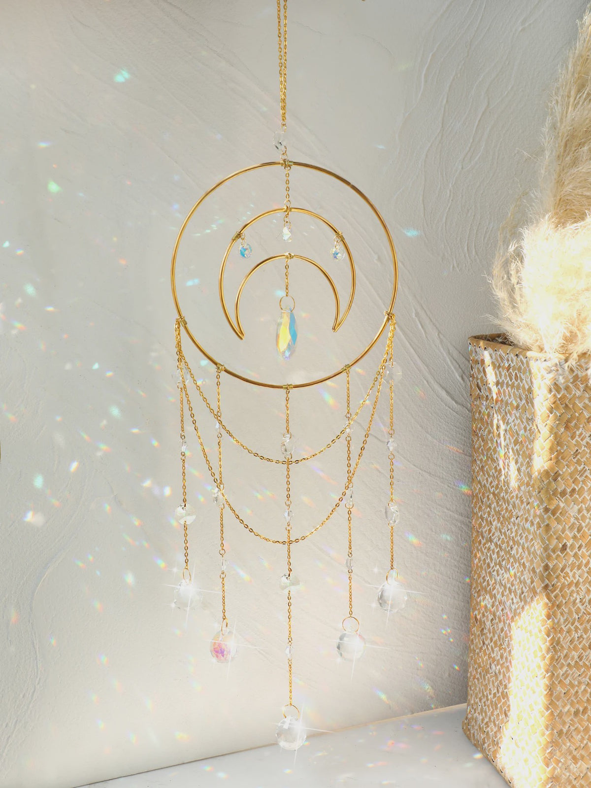 Gouden Maan Kristal Suncatcher - Regenboog Prisma Hanger voor Ramen & Tuin - Boho Decor Cadeau