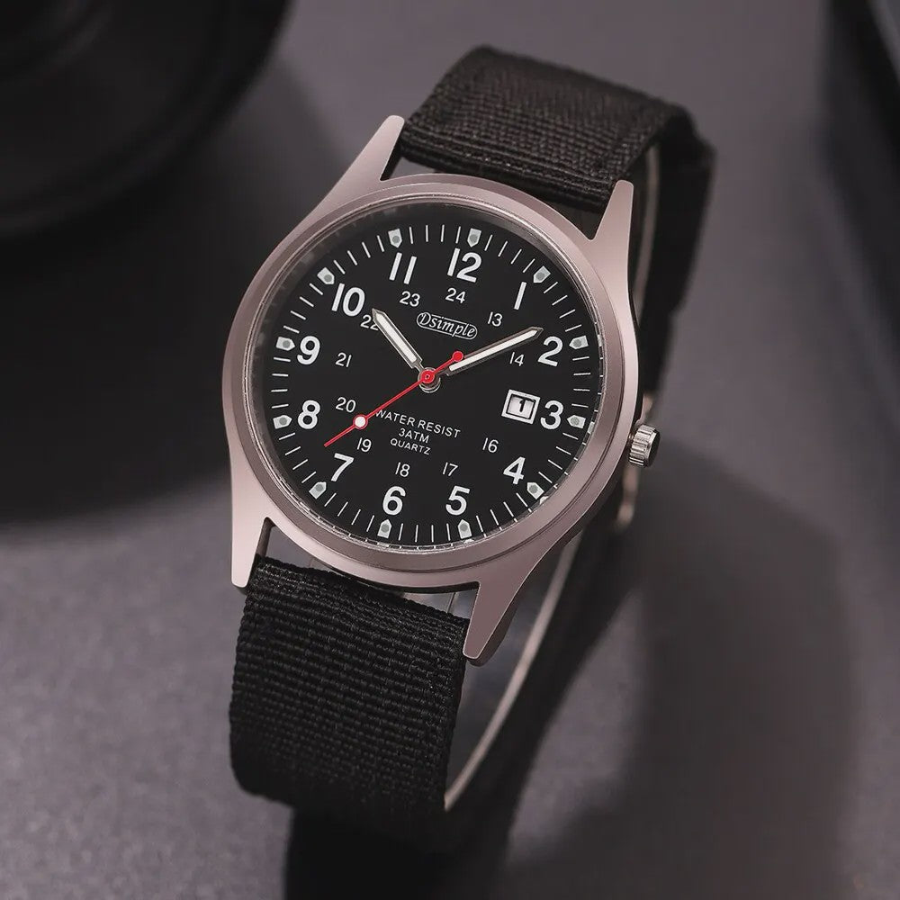 Stijlvol Herenhorloge met Kwarts Uurwerk, Lichtgevende Wijzers en Datum - Militair/Sportief Nylon Band