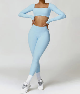 Dames Yoga Set 2-Delig: Sneldrogend Sportpak met Lange Mouwen Top en Hoge Taille Shorts