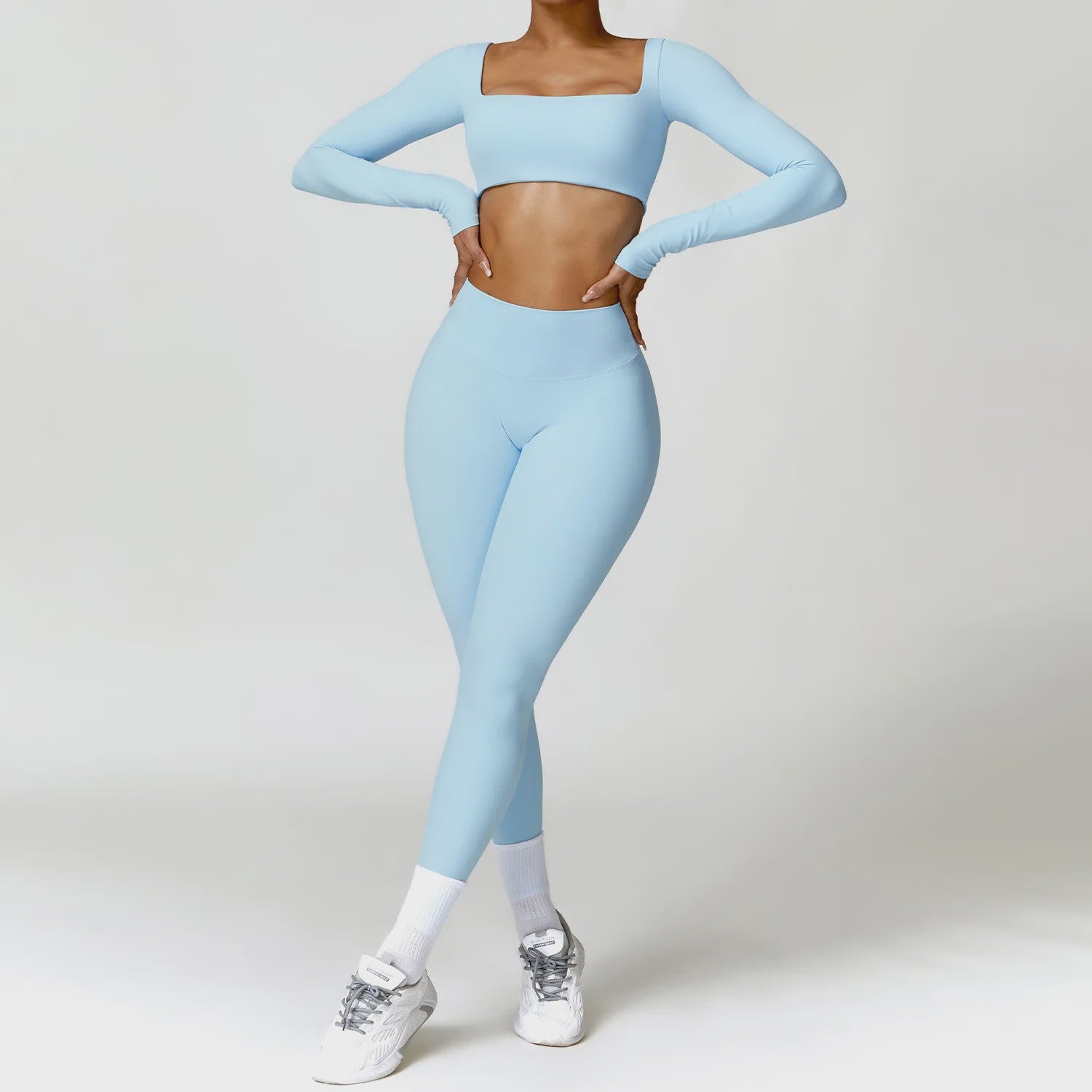 Dames Yoga Set 2-Delig: Sneldrogend Sportpak met Lange Mouwen Top en Hoge Taille Shorts