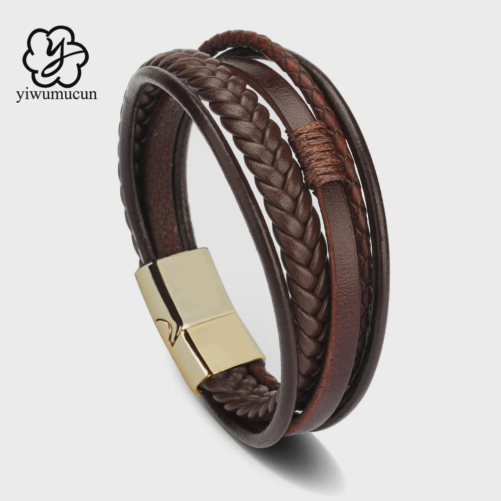 Trendy Heren Leren Armband - RVS & Gevlochten Touw, 21cm