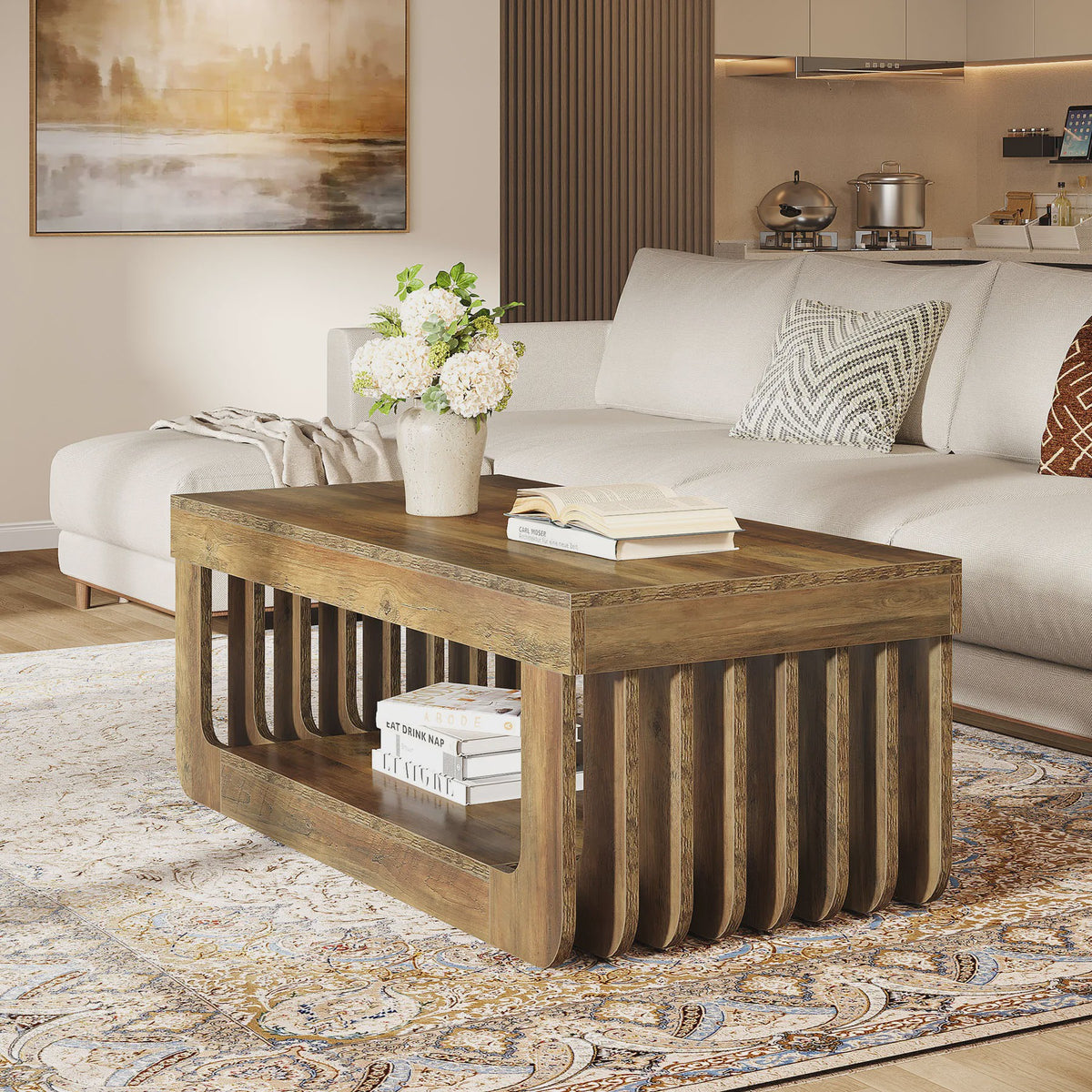 Houten Salontafel met 2 Niveaus en Opbergruimte - 120 cm Breed