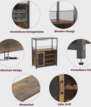 Retro Wijnkast met 7-kleurige LED-verlichting, Glashouder & Verstelbare Flessenrekken