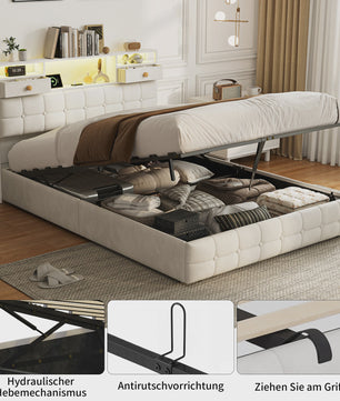 Boxspring Bed 140x200 met Hydraulische Opbergruimte en Multifunctioneel Hoofdbord - Velvet