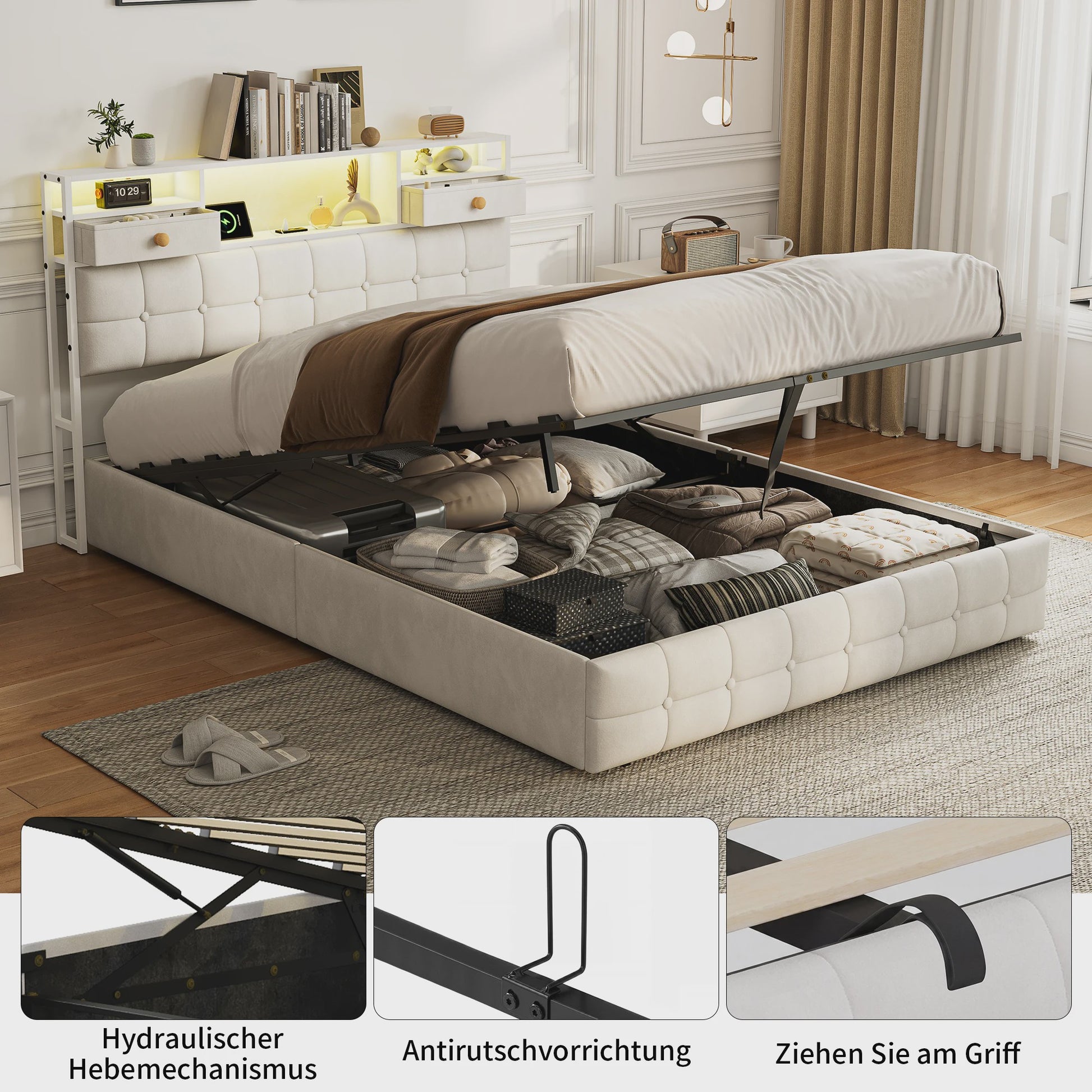 Boxspring Bed 140x200 met Hydraulische Opbergruimte en Multifunctioneel Hoofdbord - Velvet