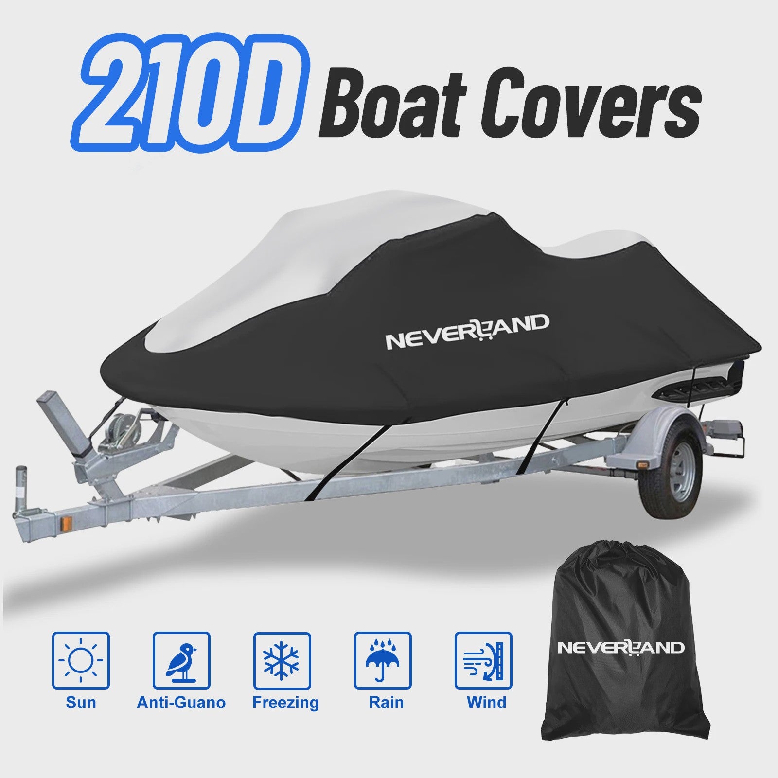 Waterdichte Bootkap 210D Heavy Duty voor V-romp boten (15-35ft) - UV, Zon, Regen, Stof, Trailerbaar
