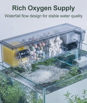 Transparante Acryl Hangfilter met Meerfasen Filtratie & Waterval Uitlaat - Compact & Ruimtebesparend
