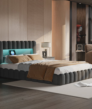 Luxe Gestoffeerd Dubbel Bed met LED Verlichting en USB Poort - Zonder Matras