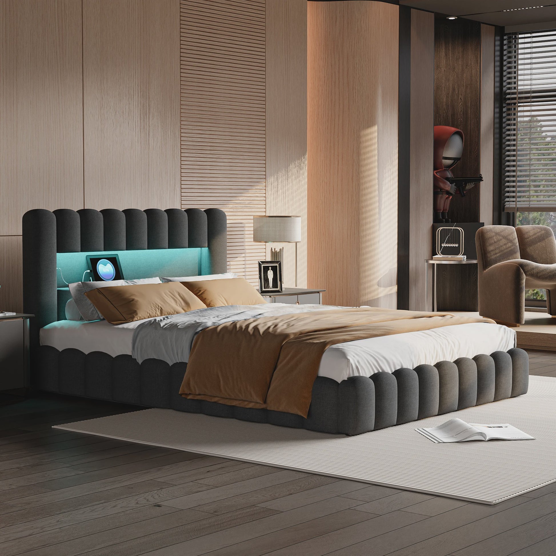 Luxe Gestoffeerd Dubbel Bed met LED Verlichting en USB Poort - Zonder Matras