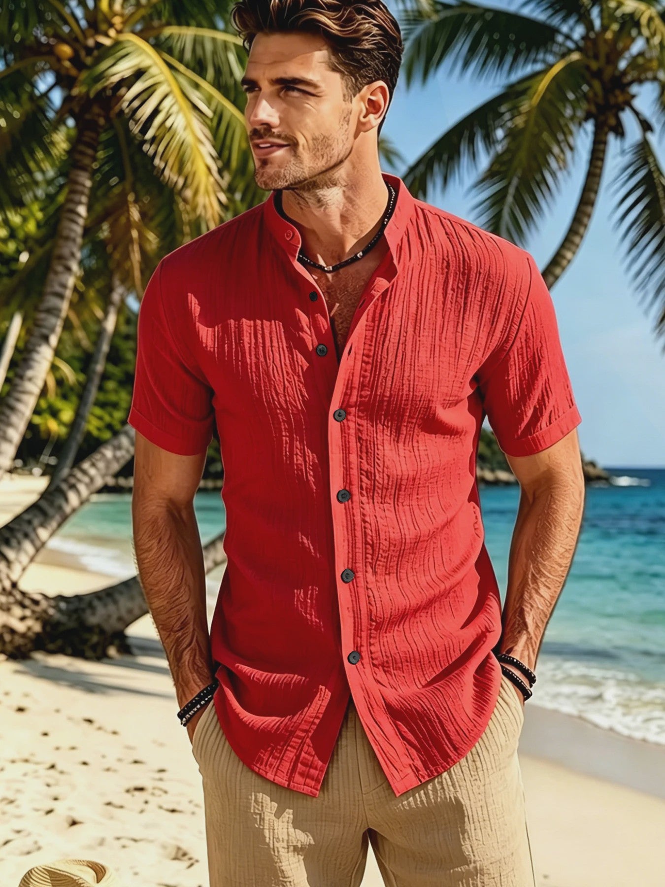 Zomerse Heren Casual Shirt met Opstaande Kraag - Relaxte Stijl