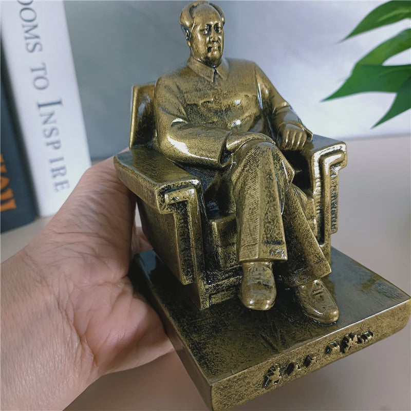 Mao Zedong Zittend Beeld - Antiek Brons & Goudkleurig - President Mao Sculptuur