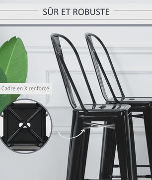 Homcom Set of 4 Metal Bar Stools High Stool Industrial Bar Chair with Backrest Seat Height 76.5 cm Black Metal