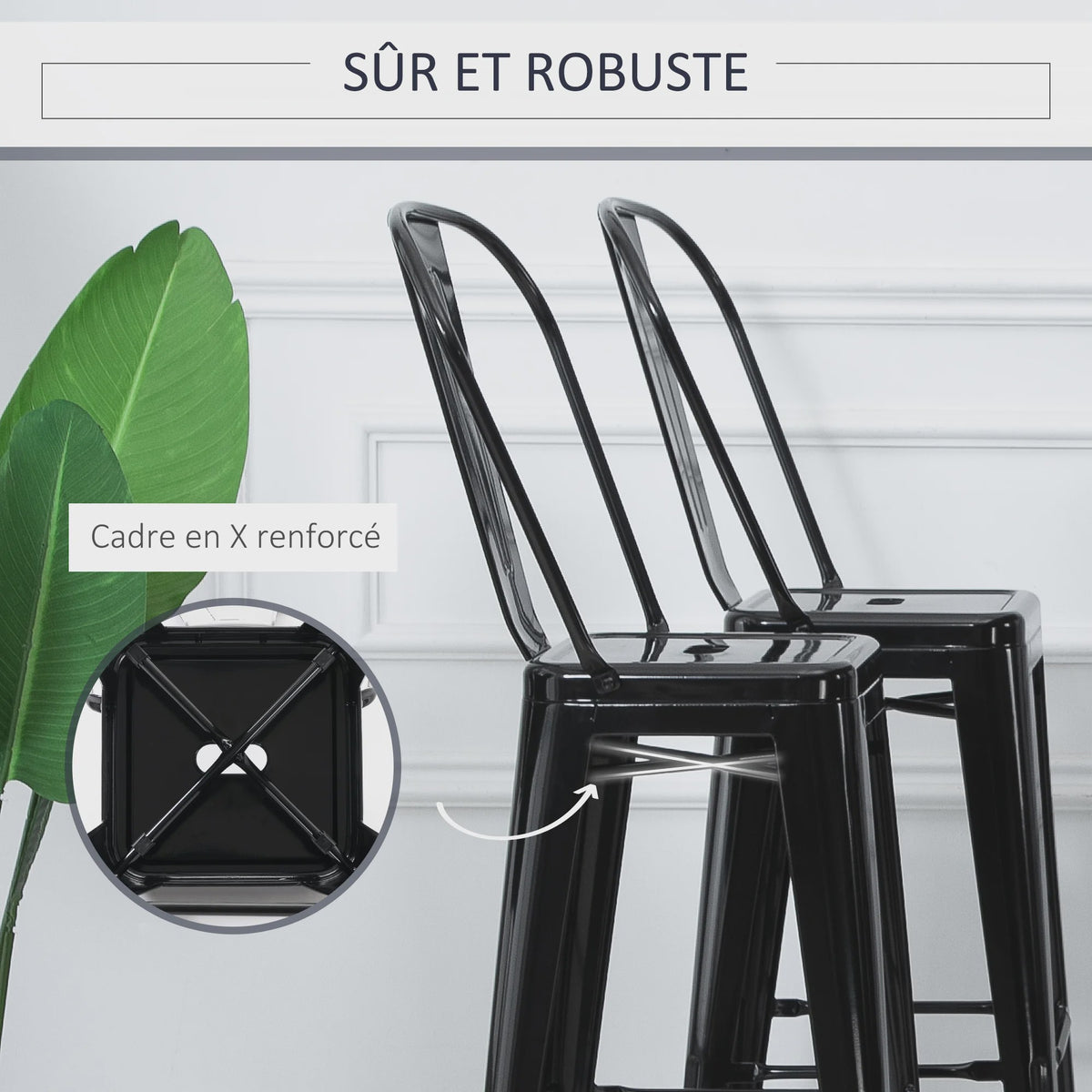 Homcom Set of 4 Metal Bar Stools High Stool Industrial Bar Chair with Backrest Seat Height 76.5 cm Black Metal
