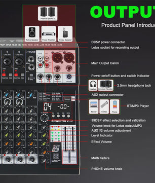 FULUODE X1-8C: Professionele 8-Kanaals Audio Mixer met 99 DSP Effecten, USB & Bluetooth