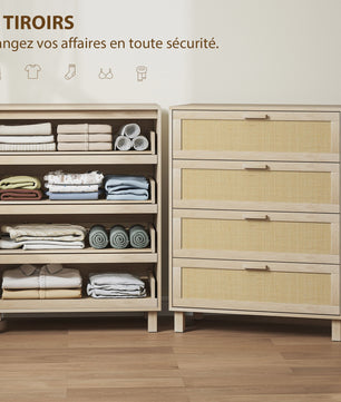 Ladekast 4 Lades met Rotan Fronten - Licht Hout MDF - 80x40x103 cm