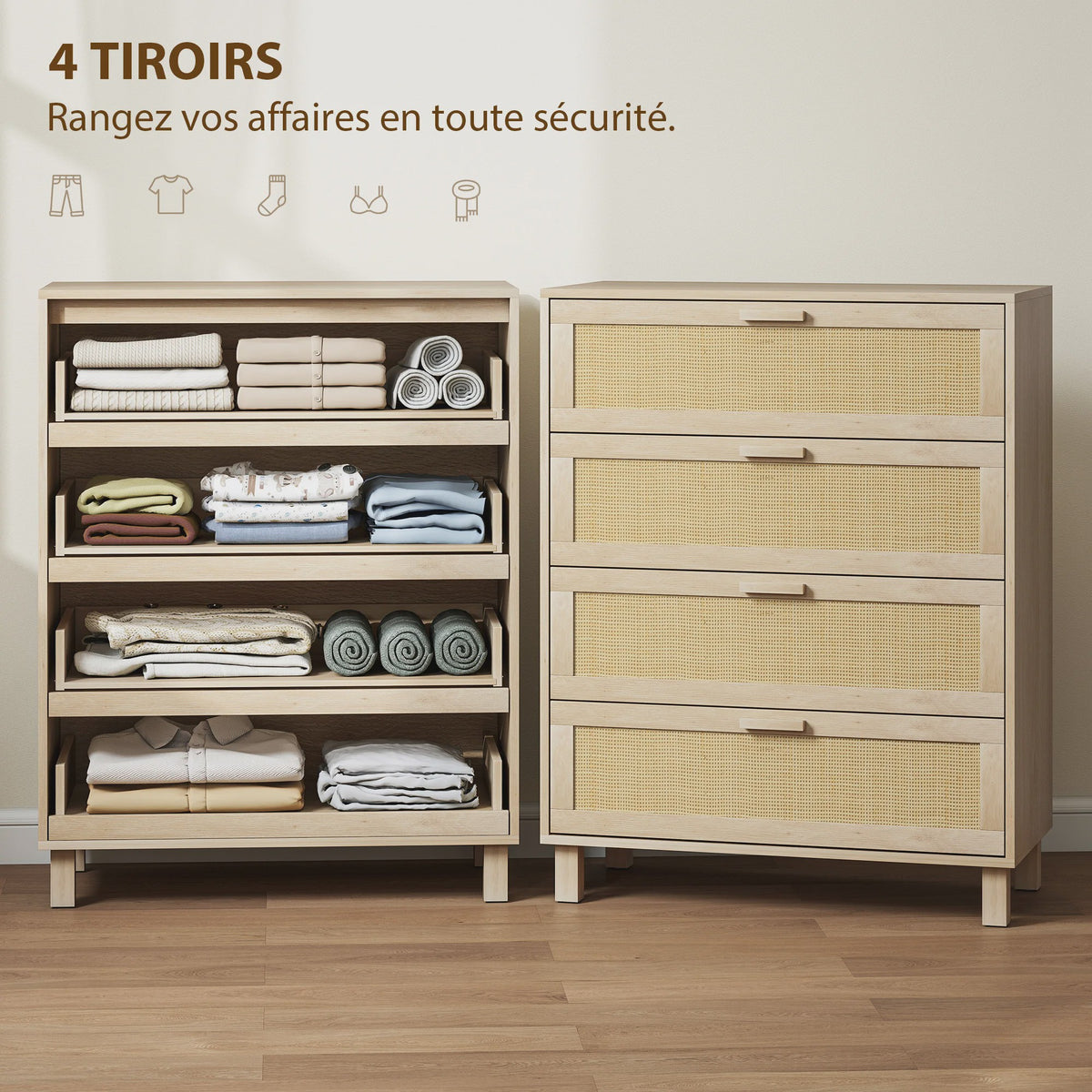 Ladekast 4 Lades met Rotan Fronten - Licht Hout MDF - 80x40x103 cm