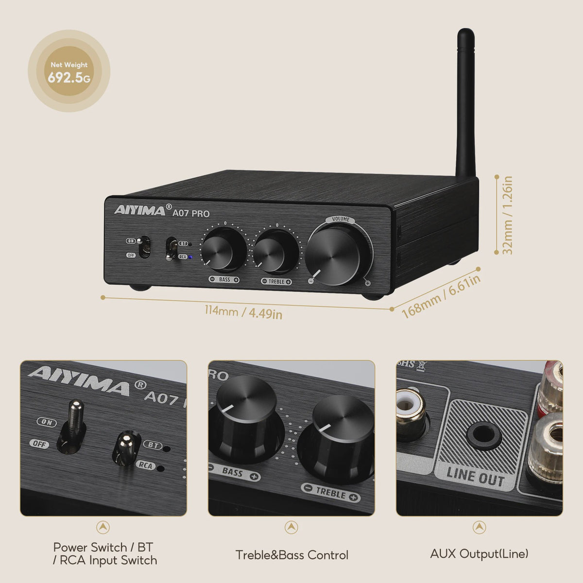 AIYIMA A07 PRO Bluetooth 5.2 Versterker TPA3255 - 2x 300W Stereo Digitale Audio Versterker met RCA & APT-X HD