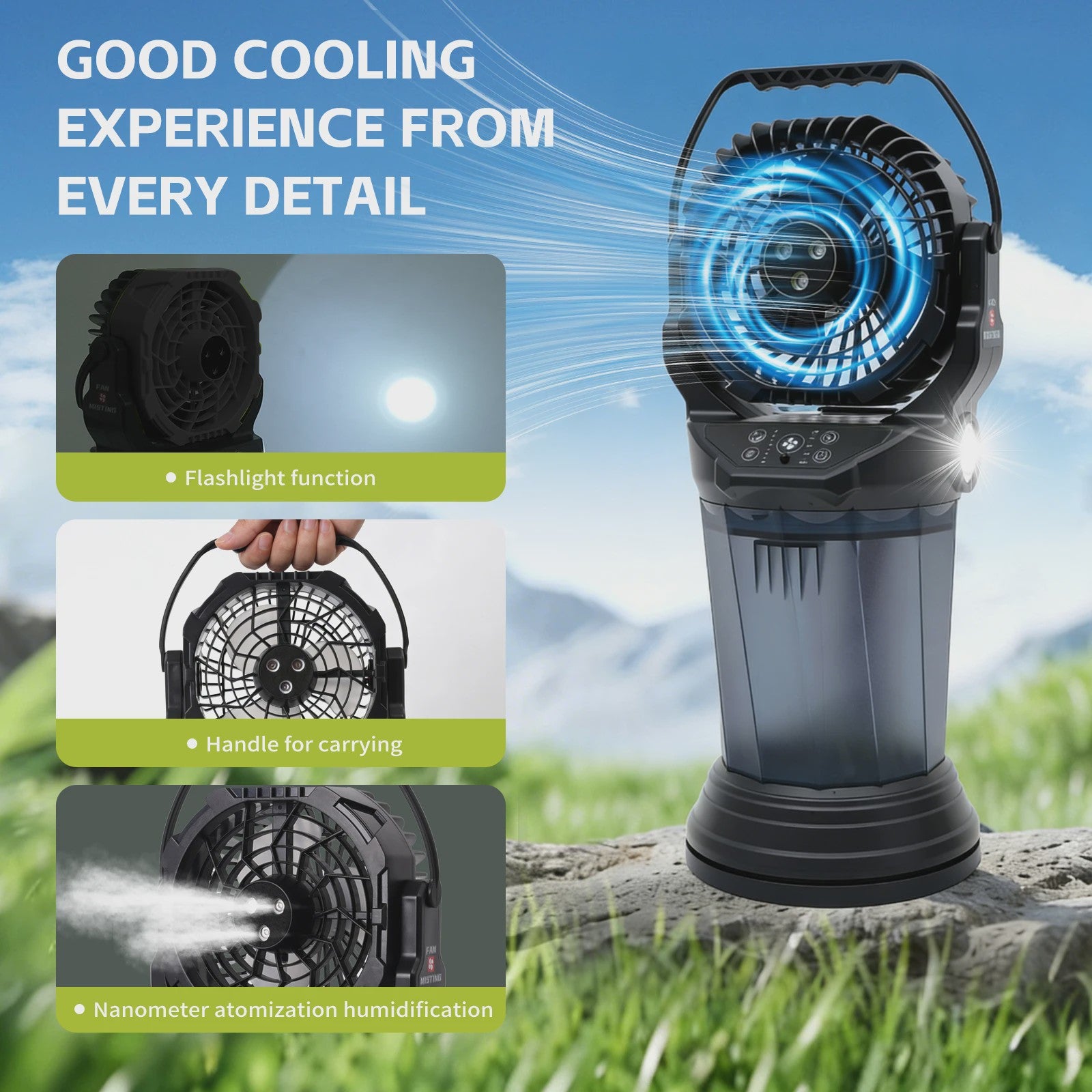 Draagbare Camping Ventilator met Vernevelaar, 2000ml Tank, 15000mAh Batterij & RGB LED Verlichting
